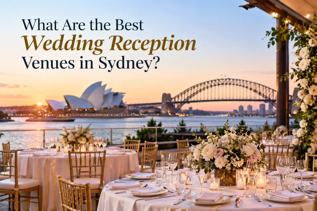 Sydney wedding reception venue overlooking the Sydney Opera House and Harbour Bridge at sunset, with elegant table settings and floral decorations.