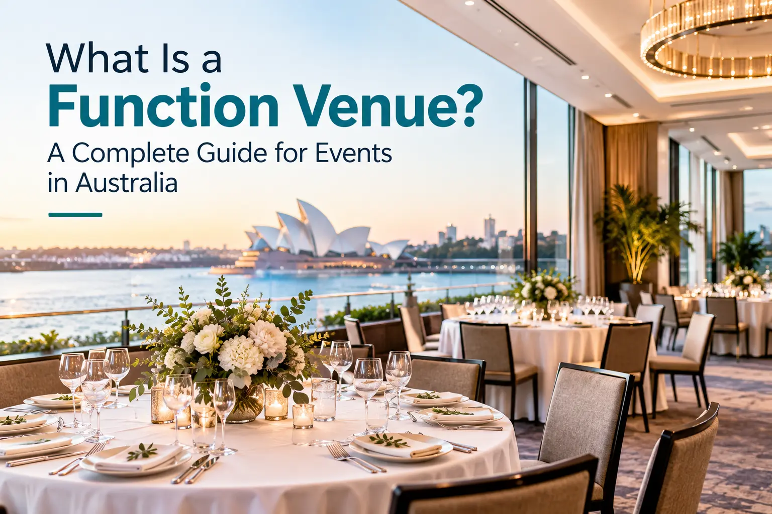 Elegant Australian function venue with waterfront views, beautifully decorated banquet tables, floral centrepieces and modern event spaces.